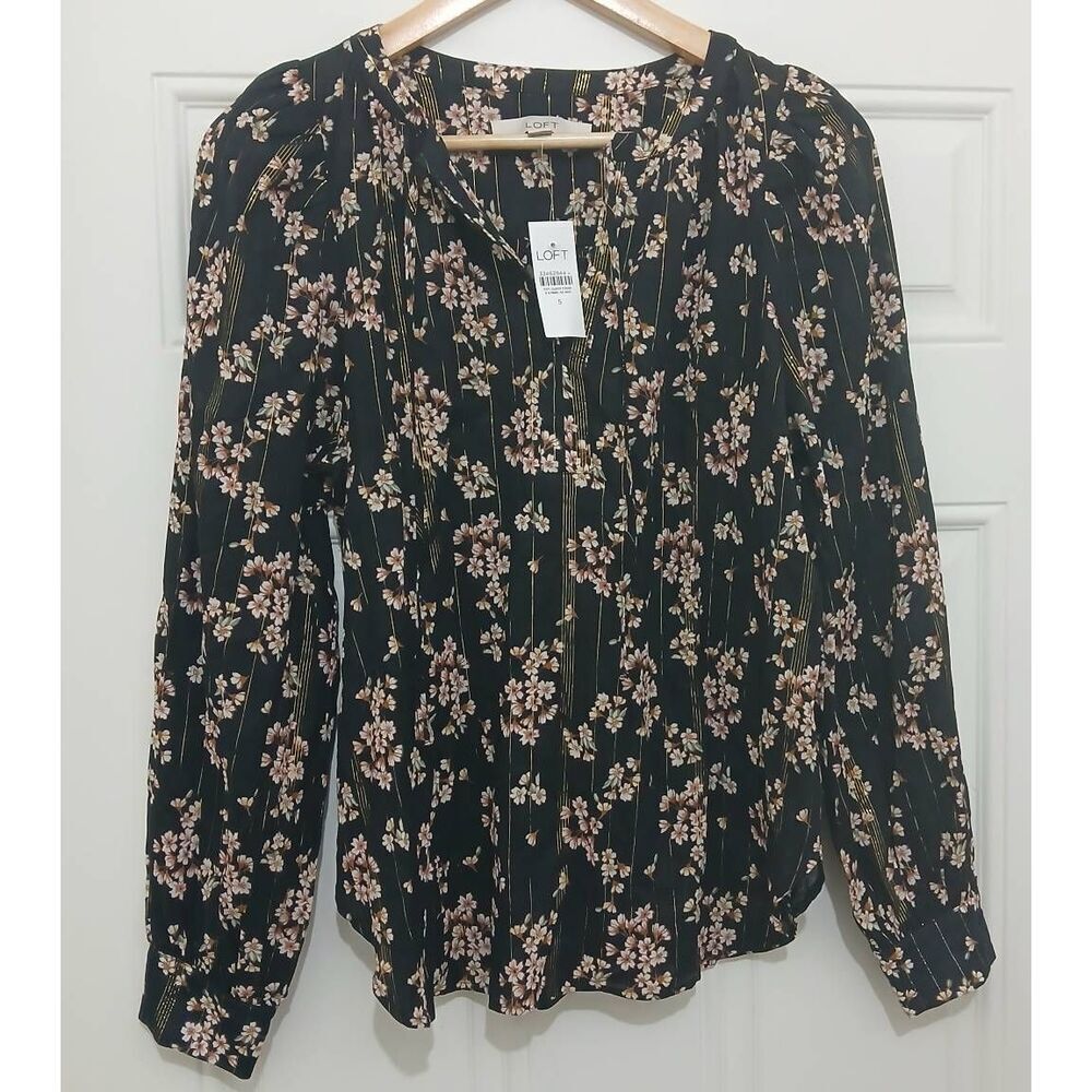 Ann Taylor womens small puffer sleeve pink black floral split neck shirt top